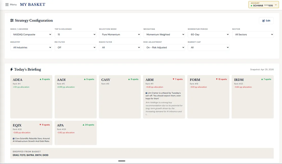 SignalStrike Basket Briefings — daily basket-level email and push briefings with movers and AI commentary